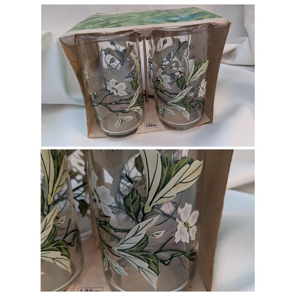Set of 4 Libbey Cooler Glasses 16 oz Clear‎ Green White Flower Bloom 399 NEW